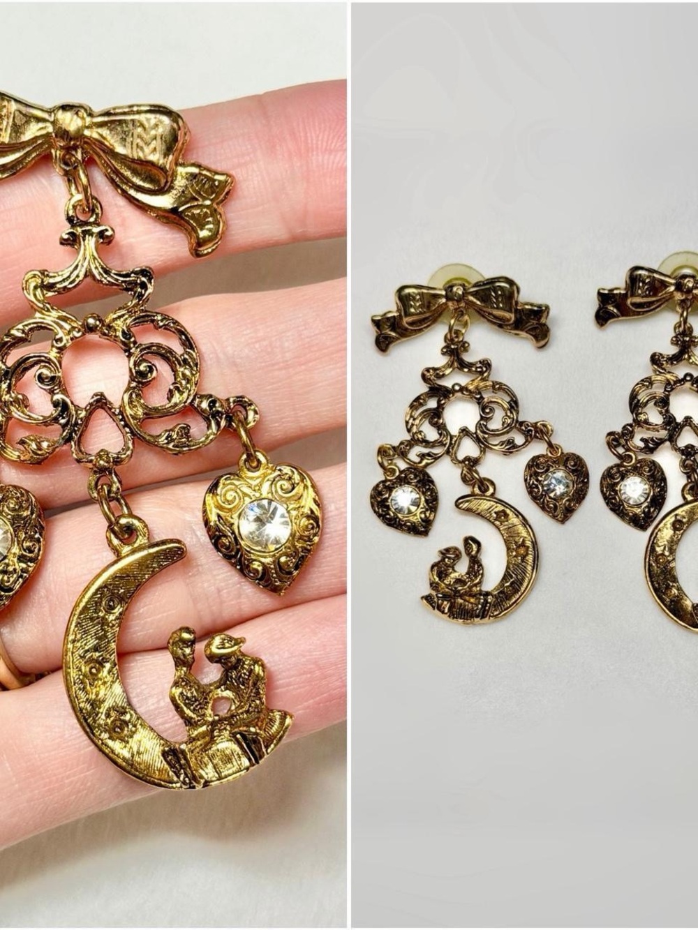 Vintage 1990s Earrings Whimsical Heart Moon Celestial Whimsigoth Y2K Coquette